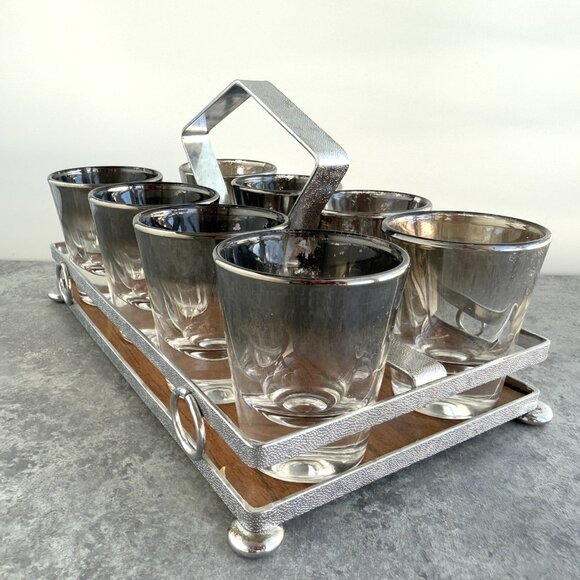 Vintage Silver Fade 8 Shot Glasses w/ Carrier Caddy MCM Barware - Picture 6 of 16